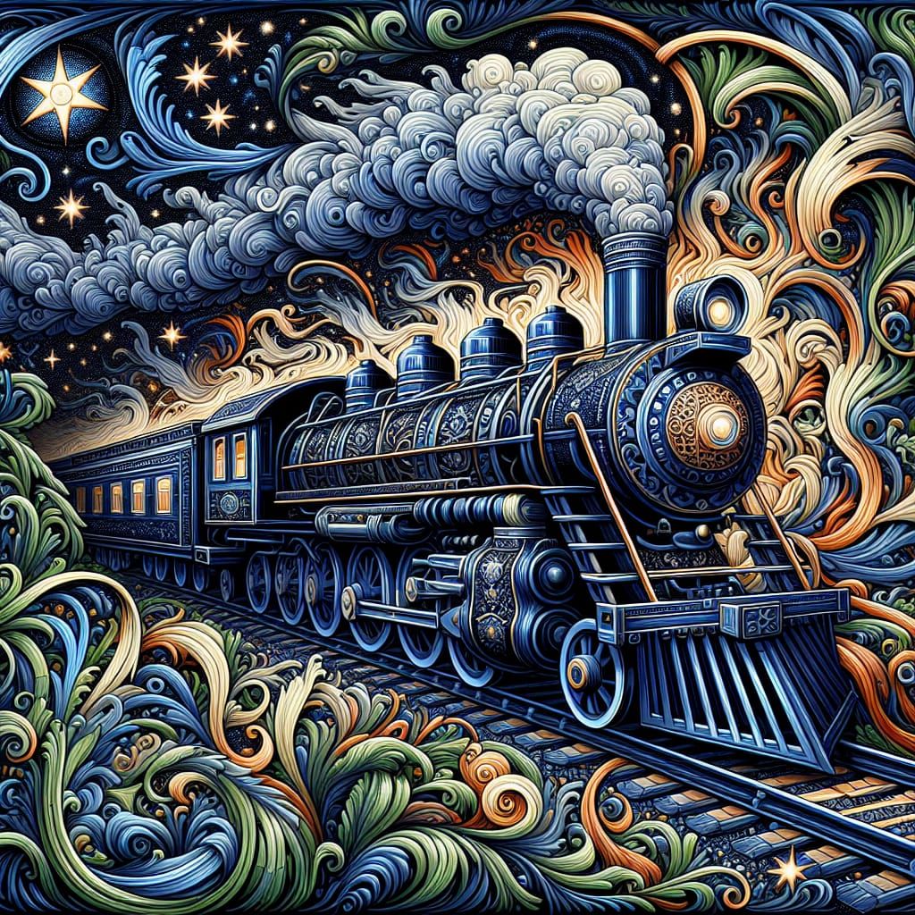 Hyperrealistic, intricate details, Steam Train dark blue sil...