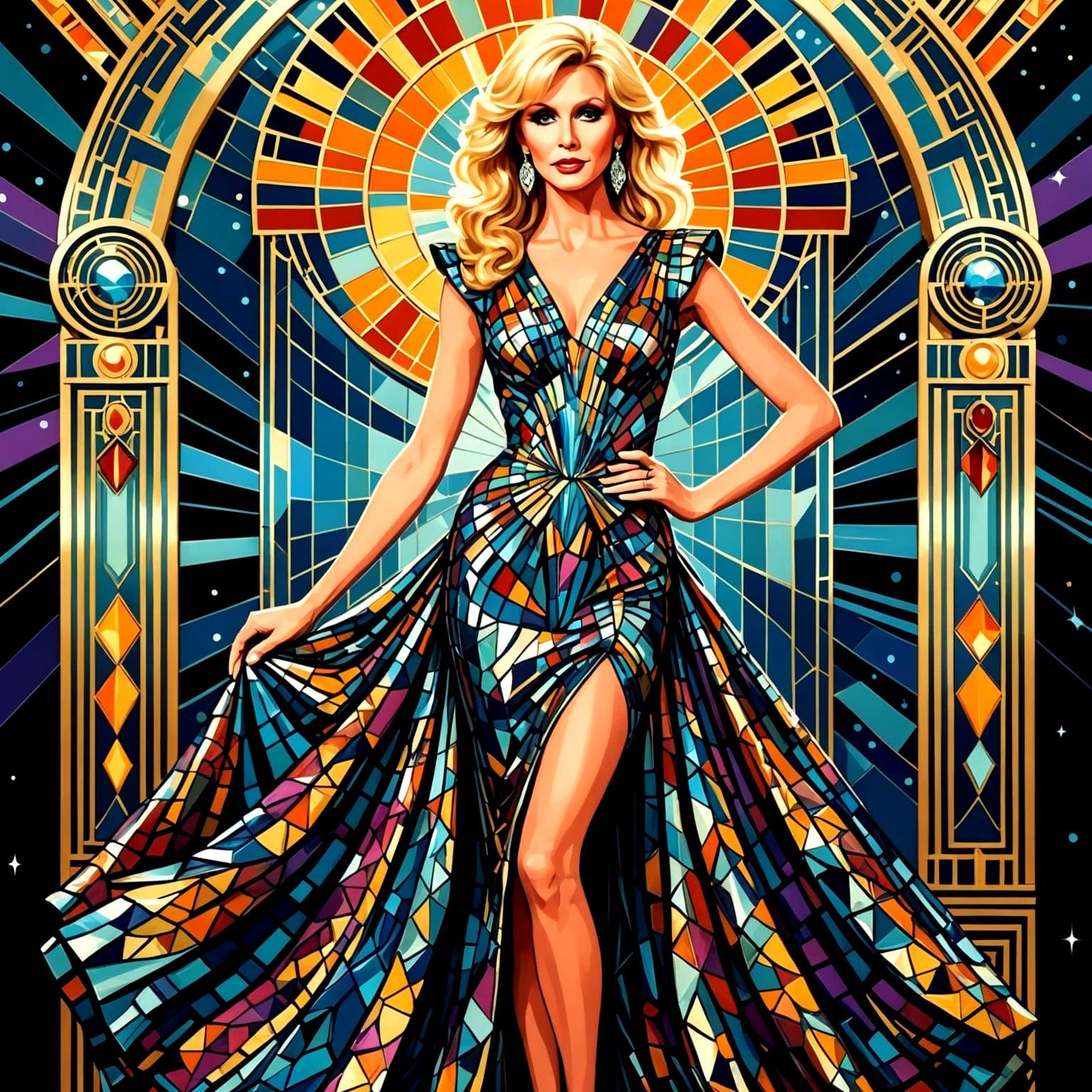 Morgan Fairchild in Multicolored Art Deco Glass Dress