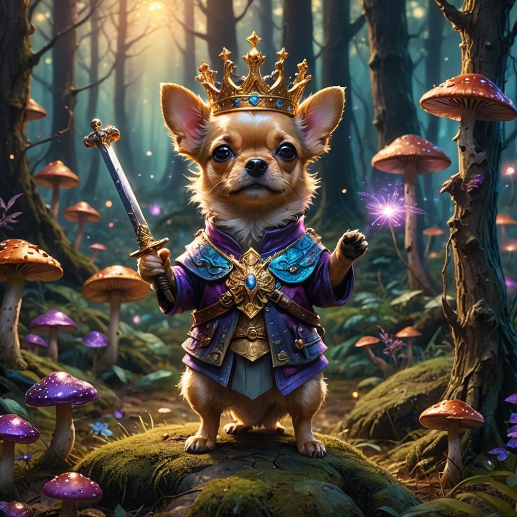 Tiny Crowned Dog in Mystical Forest Concept Art