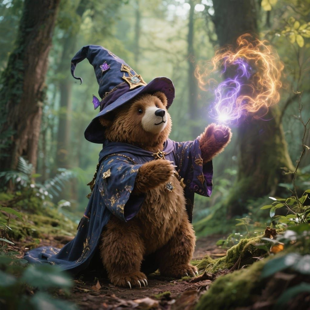 Teddy Bear Wizard Casting Spells in Forest