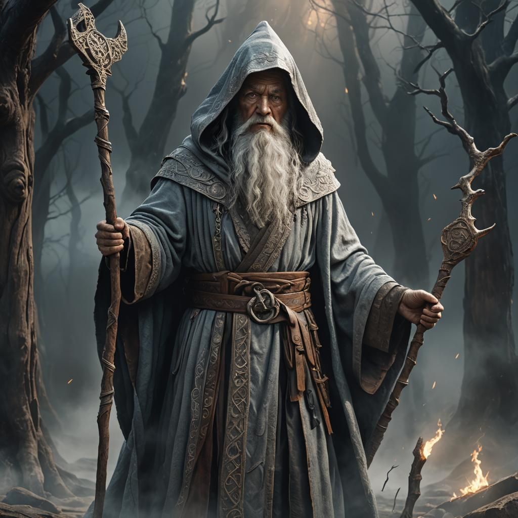 Mystical Old Wizard with Staff in Fantasy World