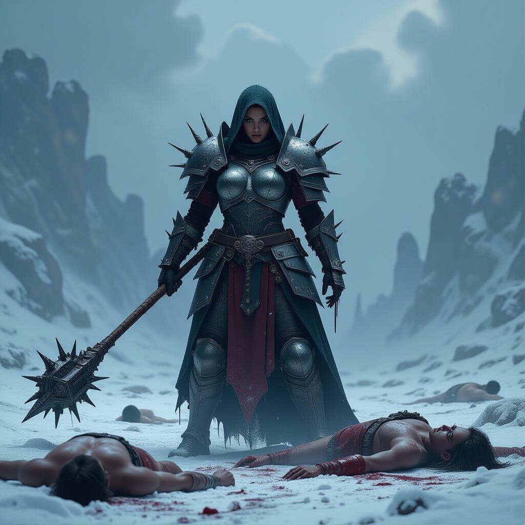 Victorious Female Warrior in Dystopian Landscape