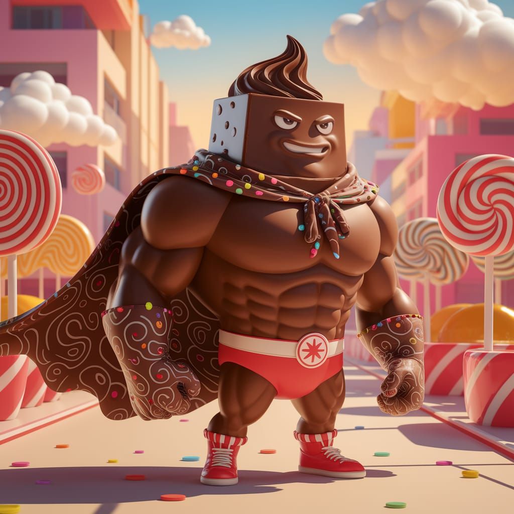 Fudge Superhero in Candy City: Digital Art