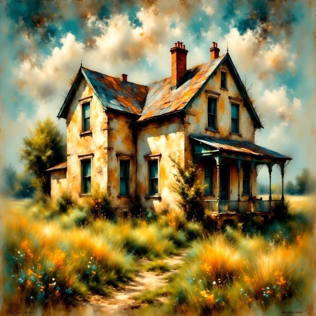 Rustic Farmhouse Ruin at Sunset