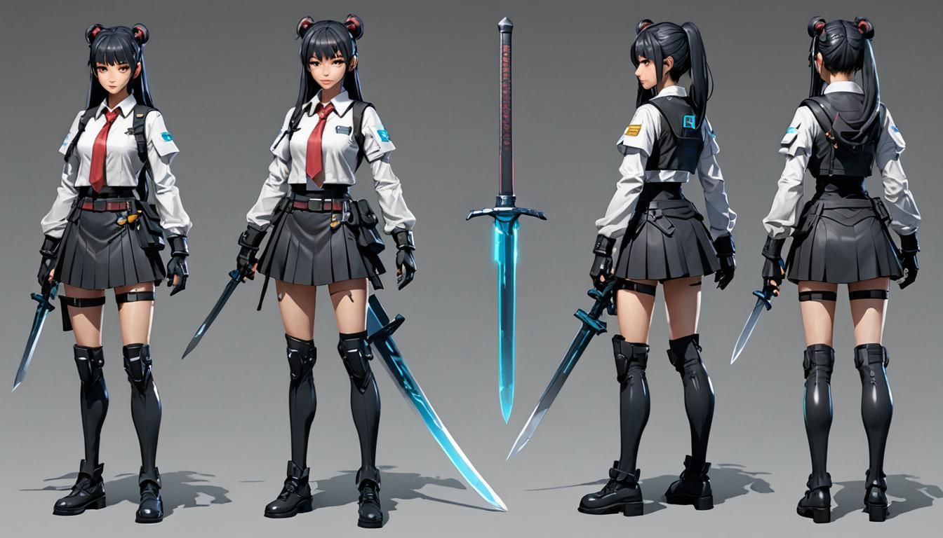 Cyberpunk Anime Schoolgirl with Sword: Concept Art