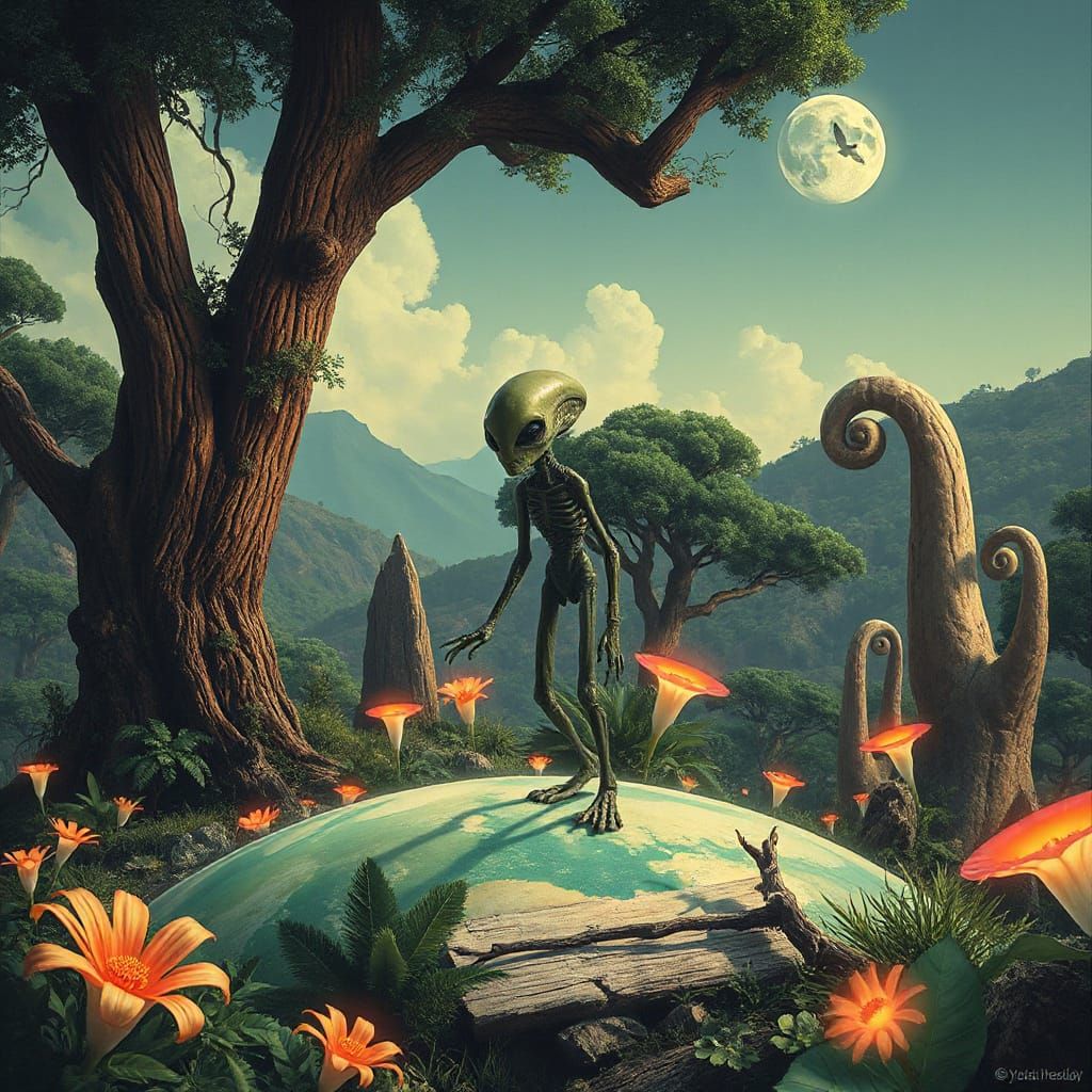 Alien on Earth: Futuristic and Dreamlike Scene