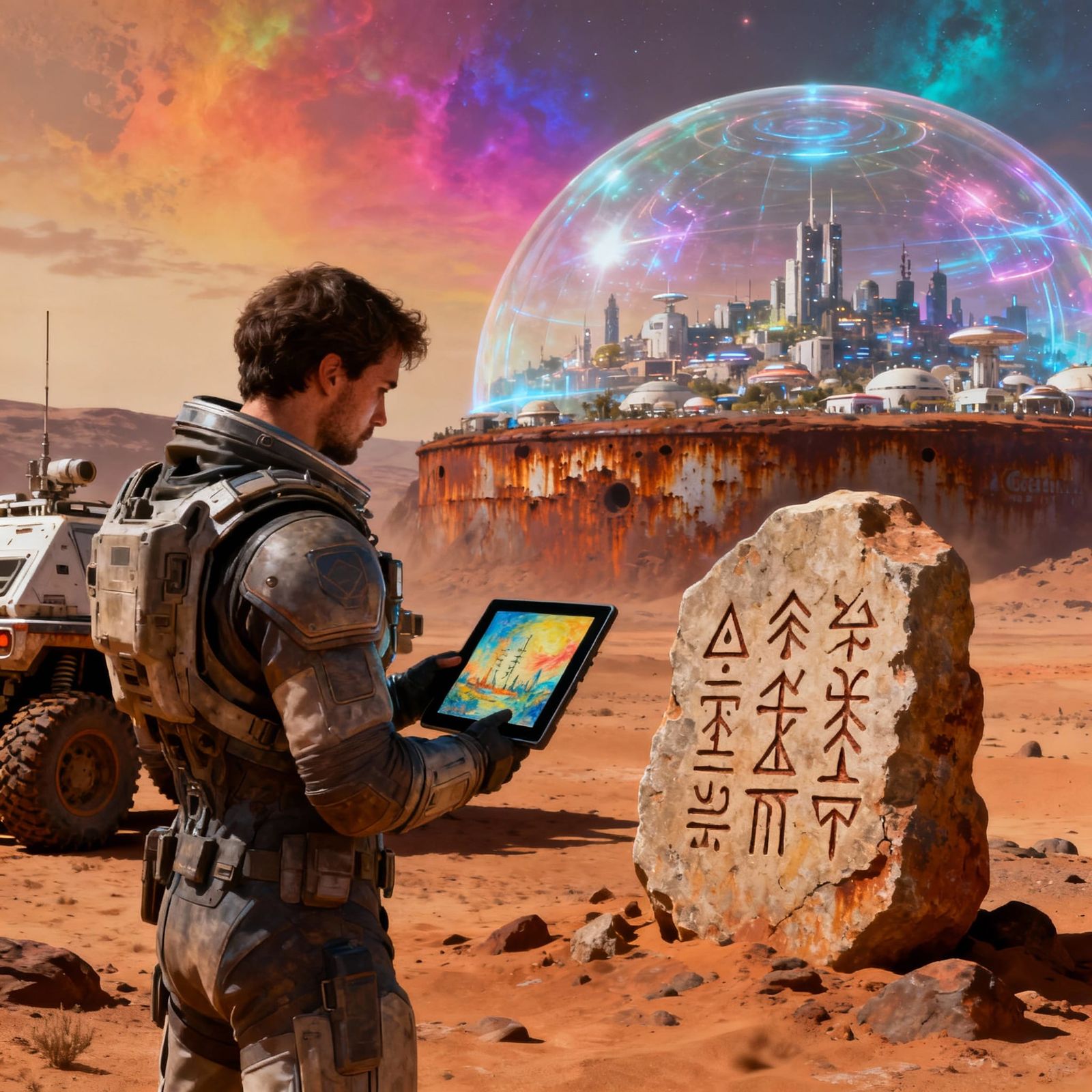 Martian Explorer Views Alien Runes Near Settlement