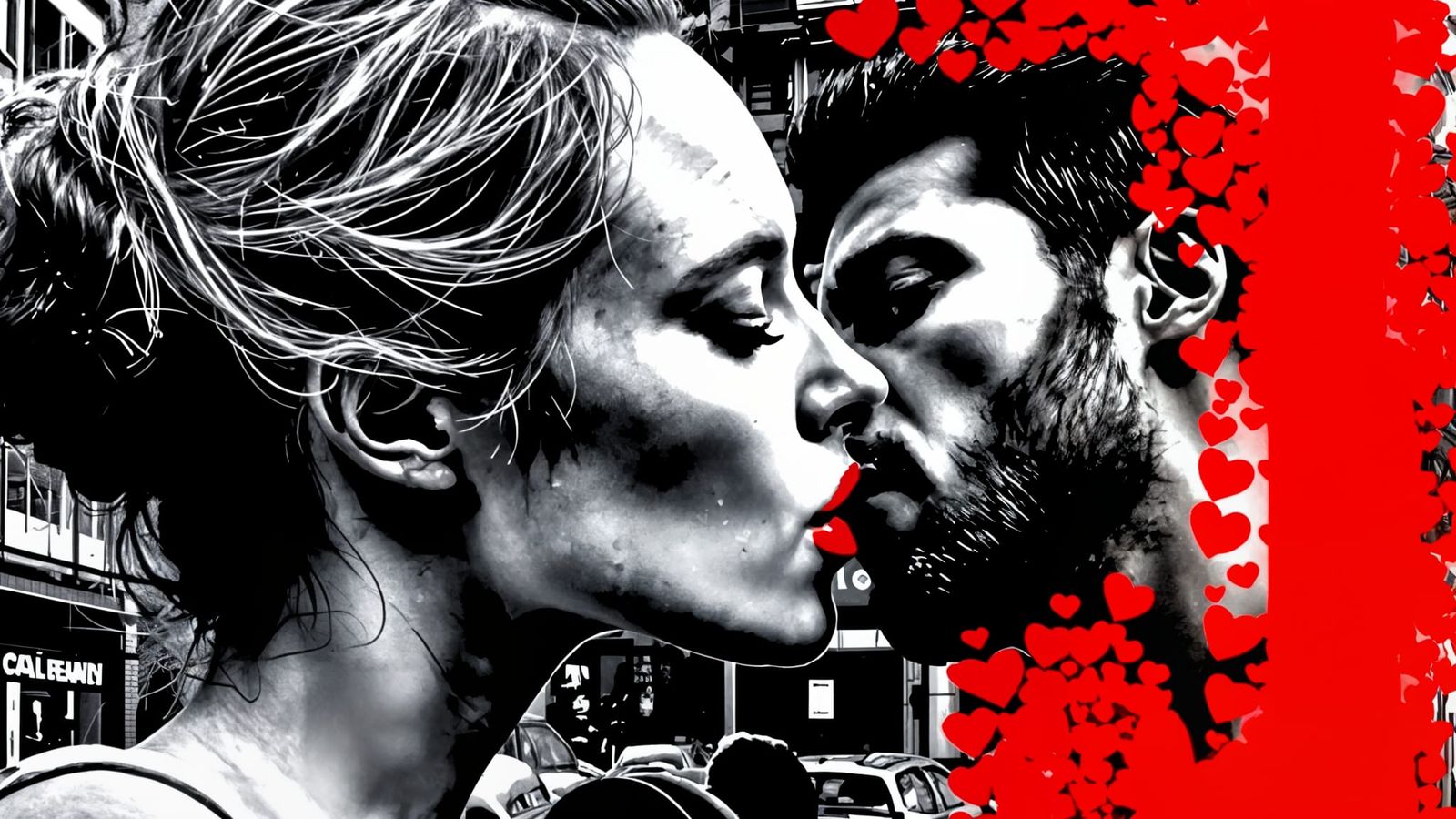 Passionate Lovers Kiss in Glitch Art Style