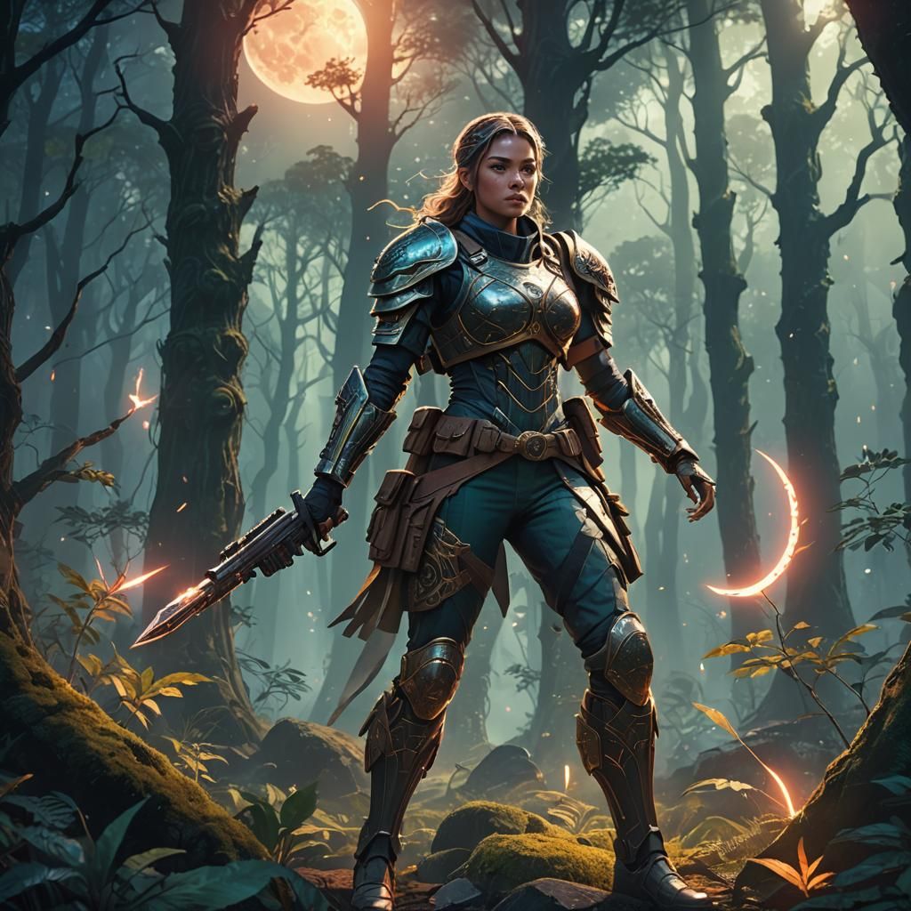 Mystical Forest: Beautiful Soldier in Neon Light