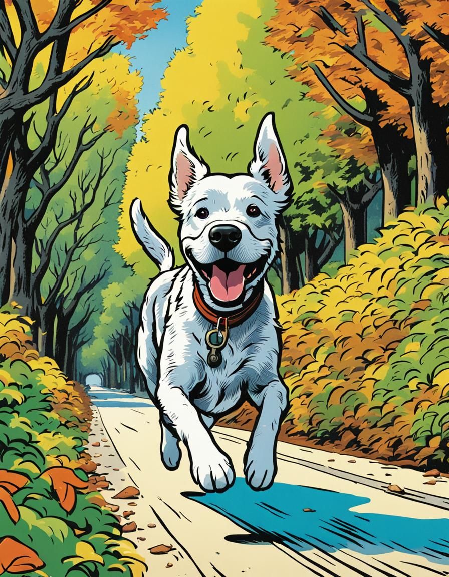 Happy Dog Runs Down Sunny Street: Tintin Comic Art