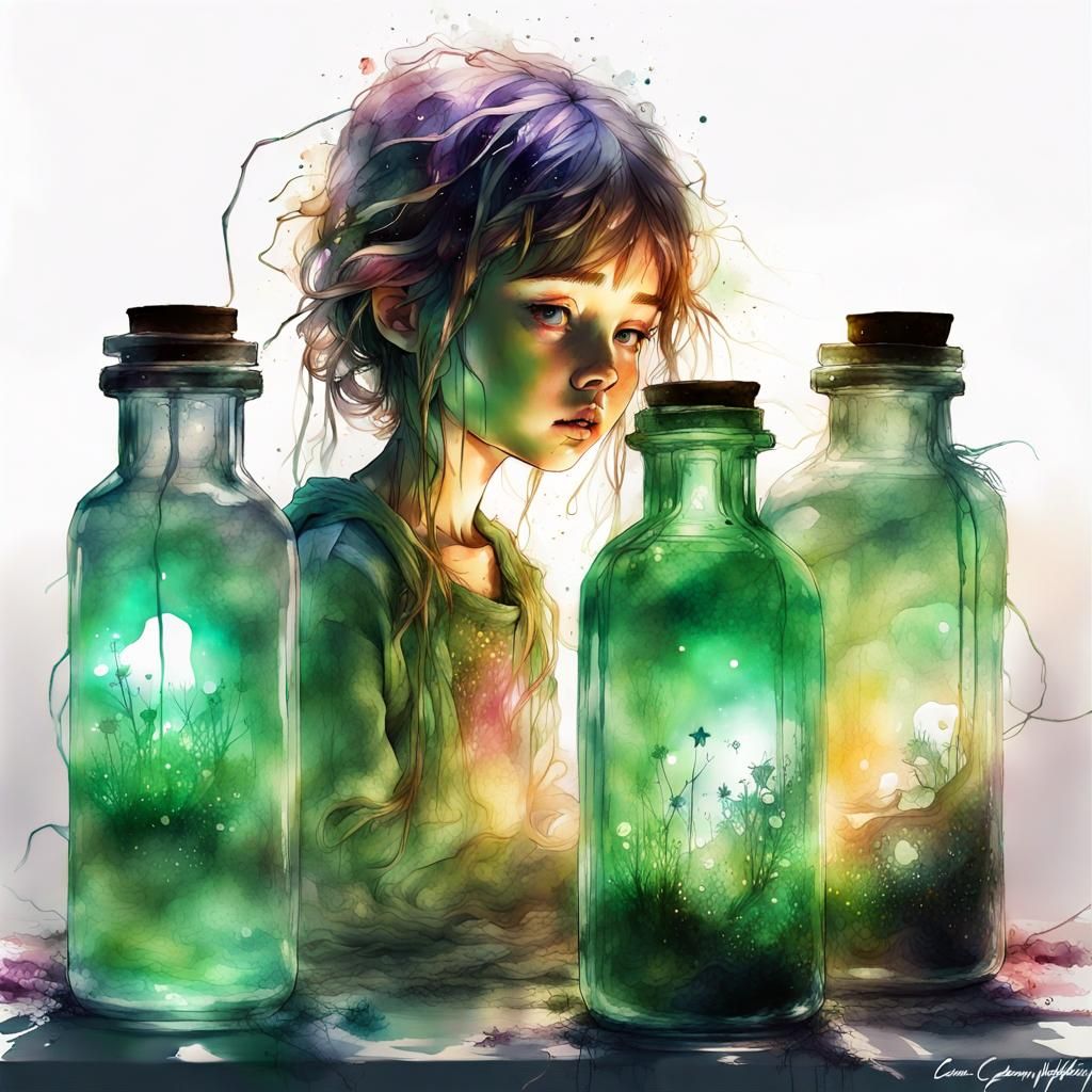Chibi Ghosts in Bottles: Digital Watercolor Art
