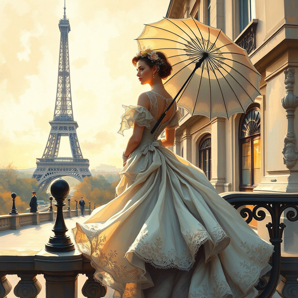 Victorian Lady in Paris: Impressionist Gouache Painting