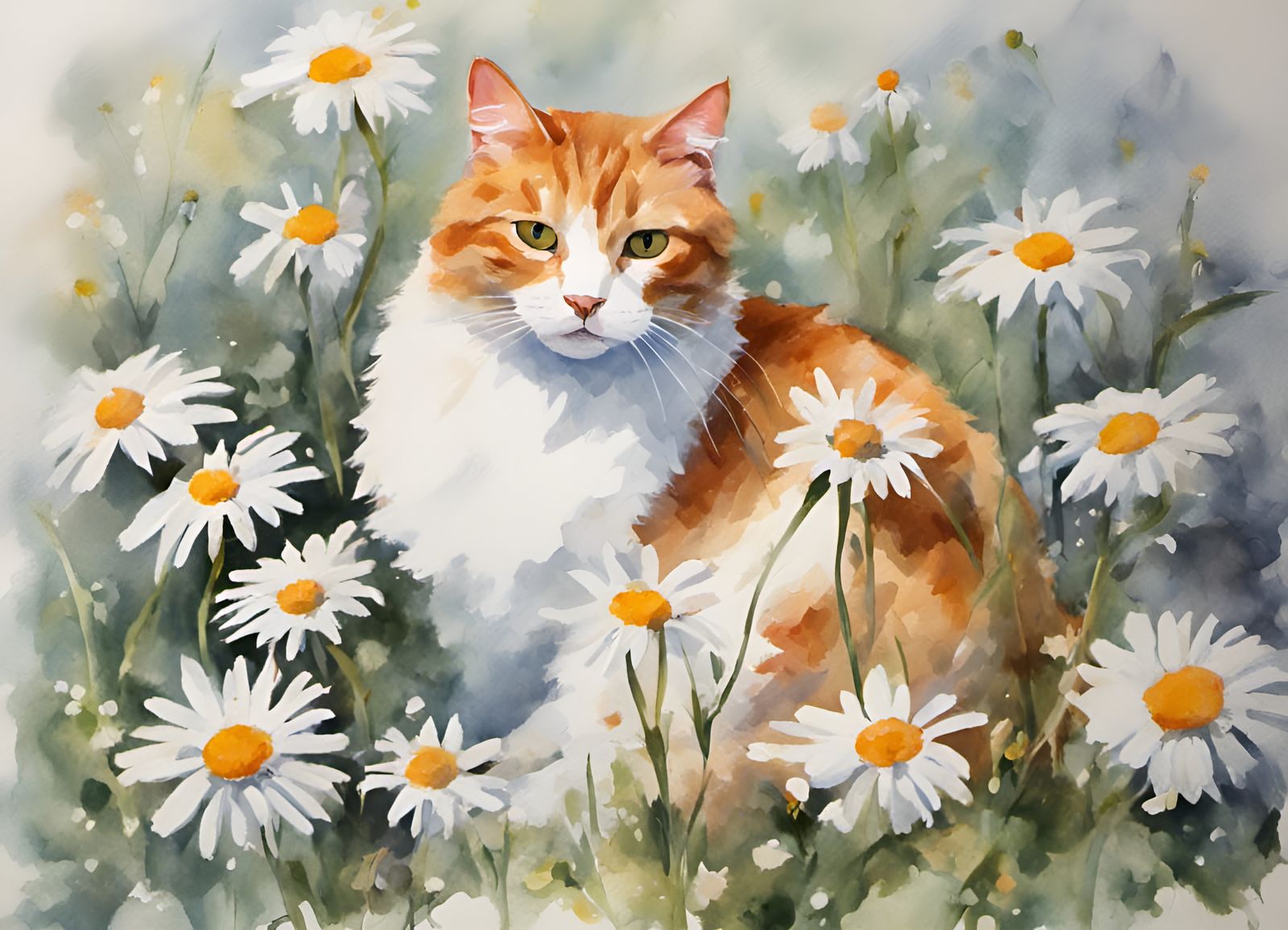 Ginger Cat in Daisies: Gouache Style Watercolor