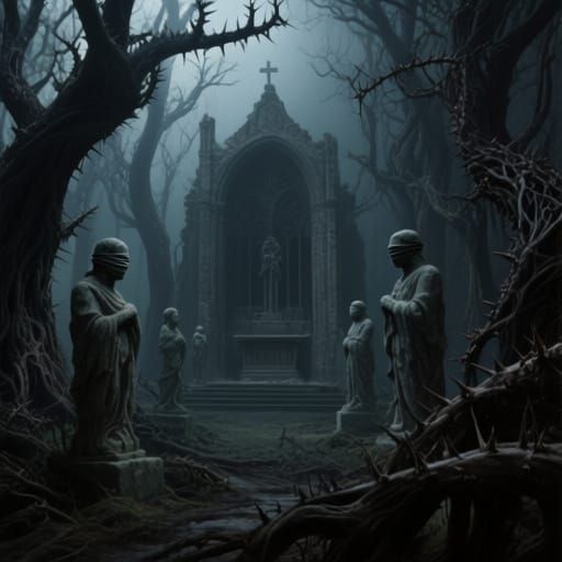 Ominous Forest Chapel Inspired by Beksiński and Giger