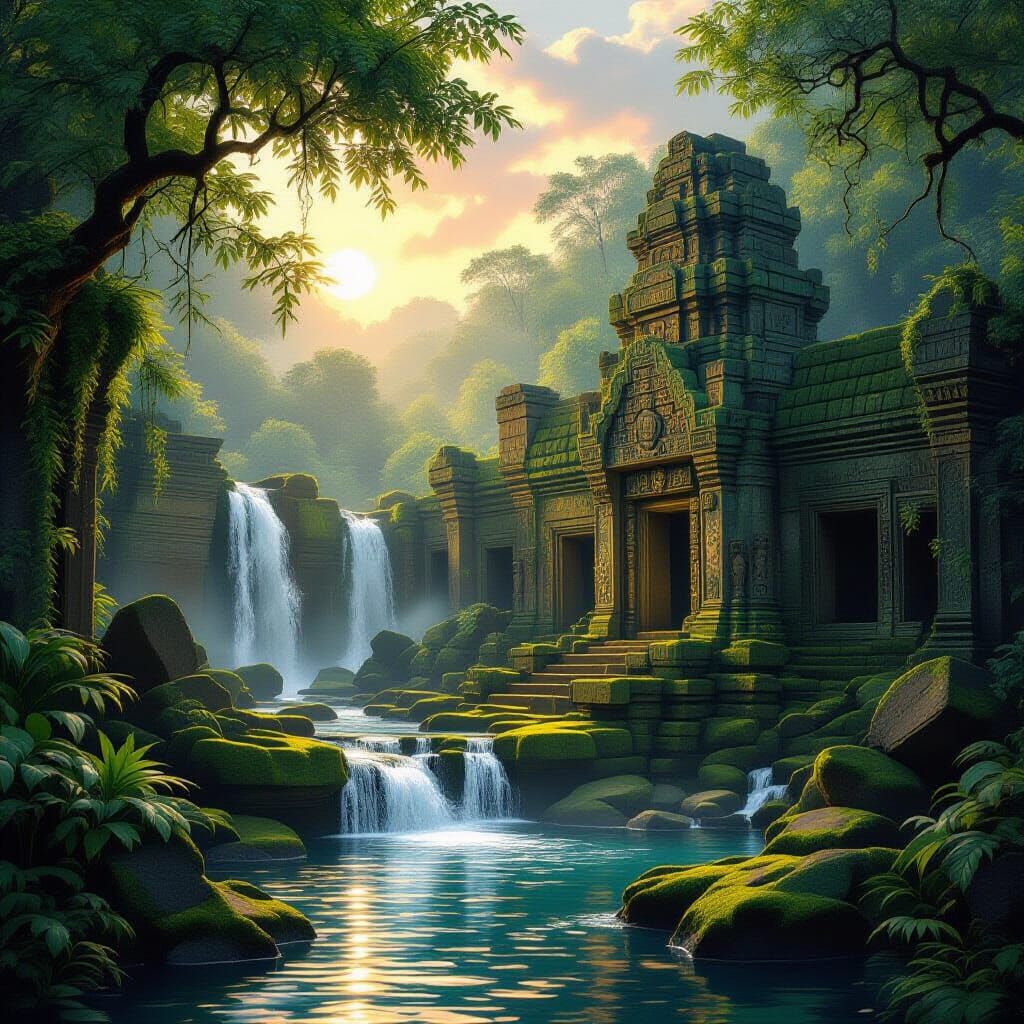 Golden Hour Waterfall on Ancient Ruins in Digital Painting S...