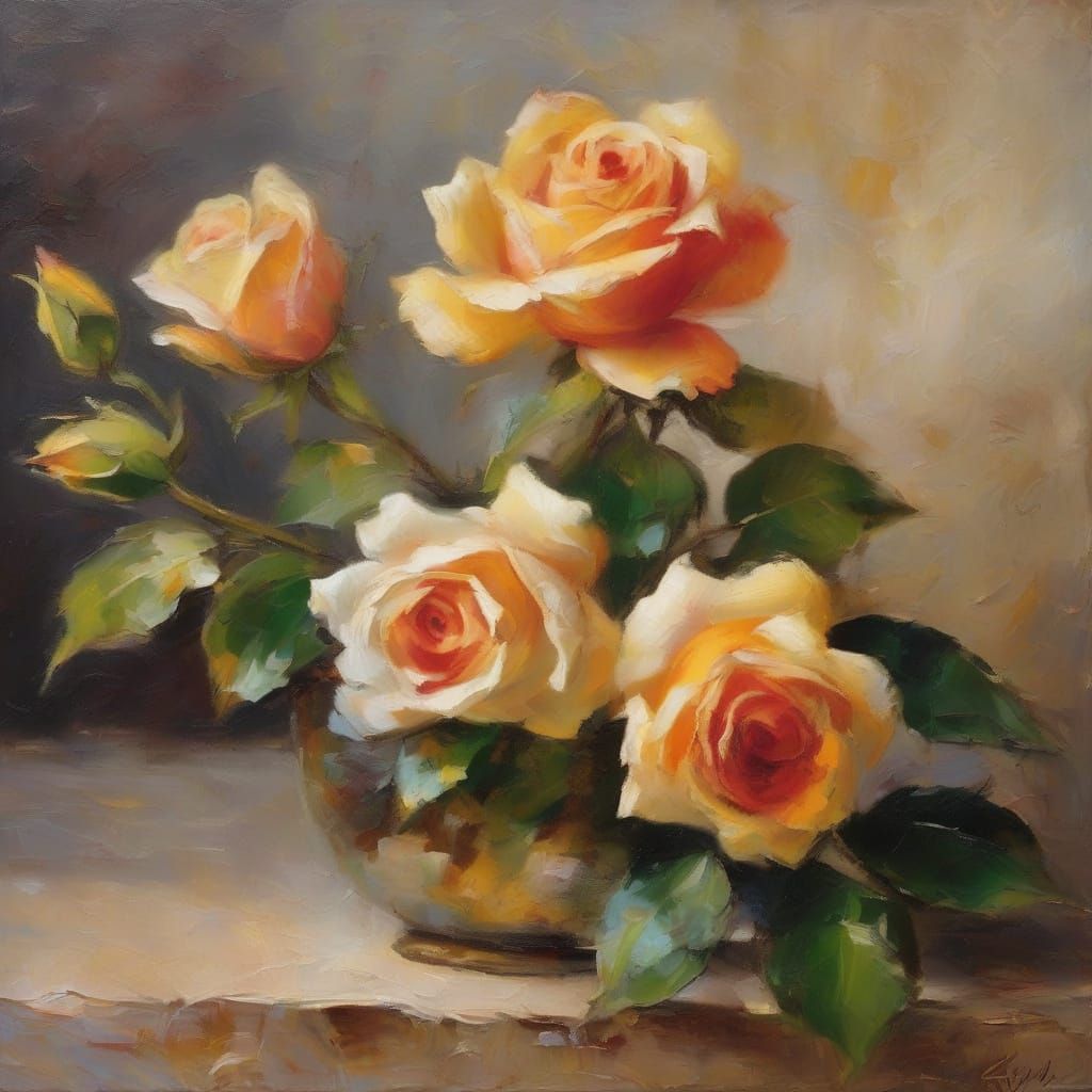 Impressionist Rose Blooms on Weathered Wall