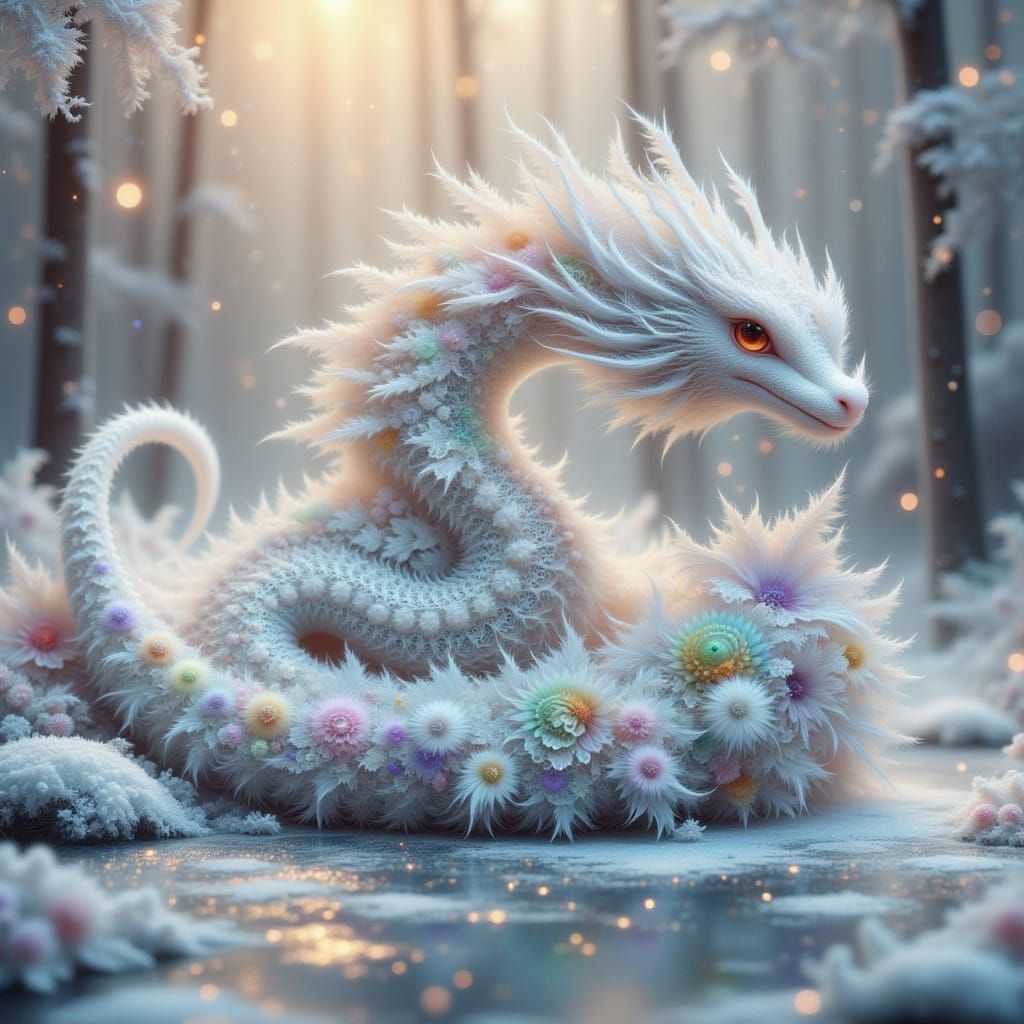Majestic White Chinese Dragon in Snowy Forest