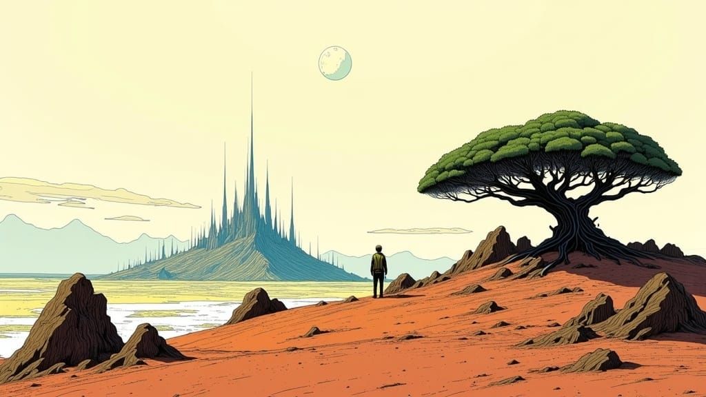 Desert Tableland in Arthur Rackham Illustration Style