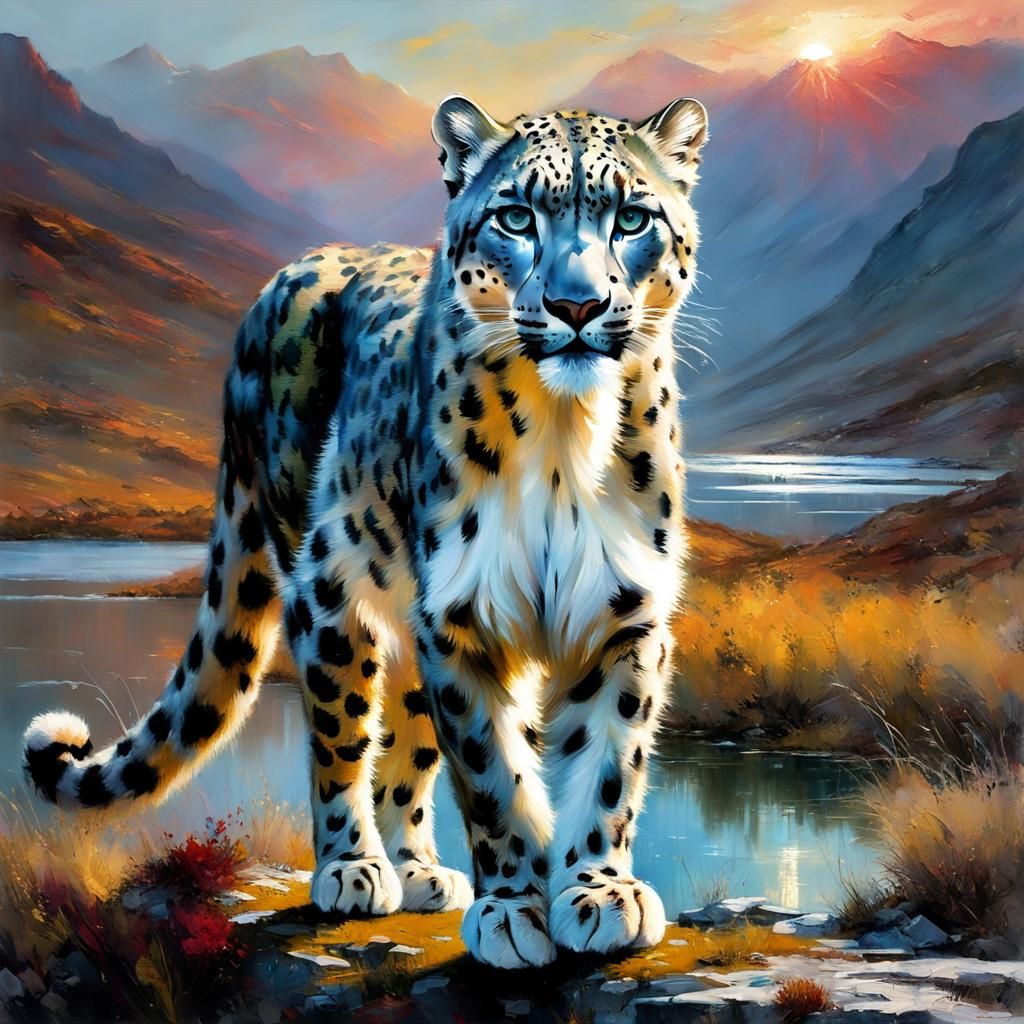 Snow Leopard by Lake: Detailed Matte Painting