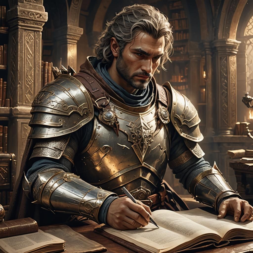 Studious Earth Genasi Reading in Ancient Library