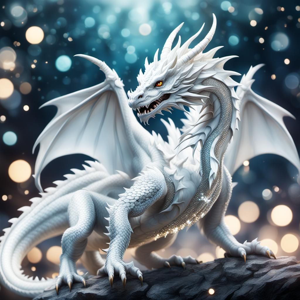 Gem-Adorned White Dragon: Sparkling Digital Art