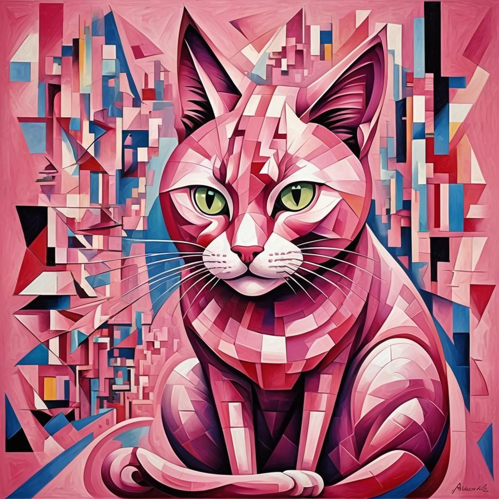 Pink Cat Glitch Art: Abstract Cubism Style