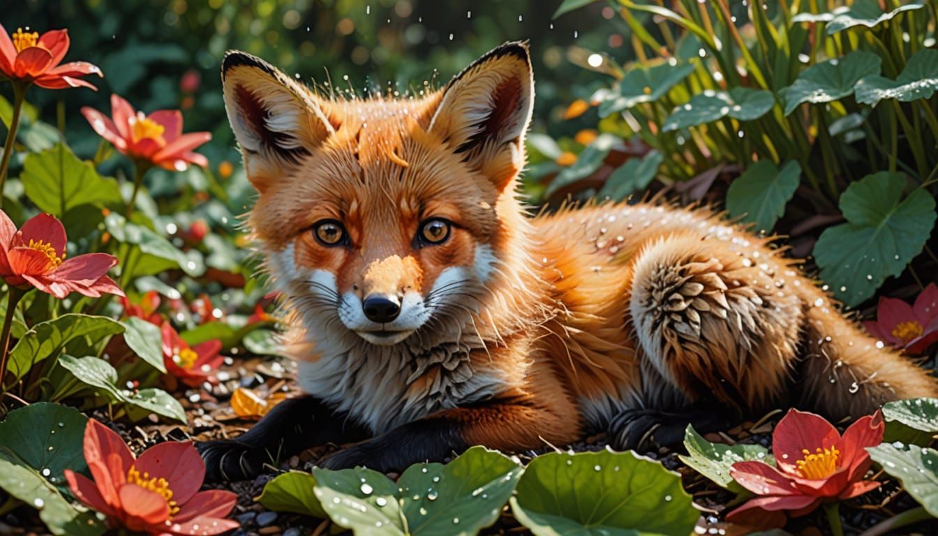 Adorable Baby Fox on Flower Petal in Morning Dew, Gouache St...