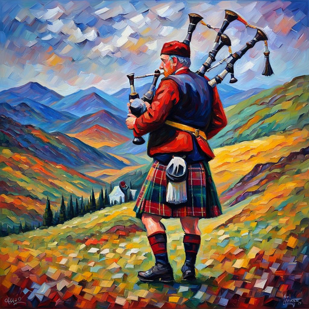 Scottish Bagpiper in Highlands: Expressionist Oil Painting