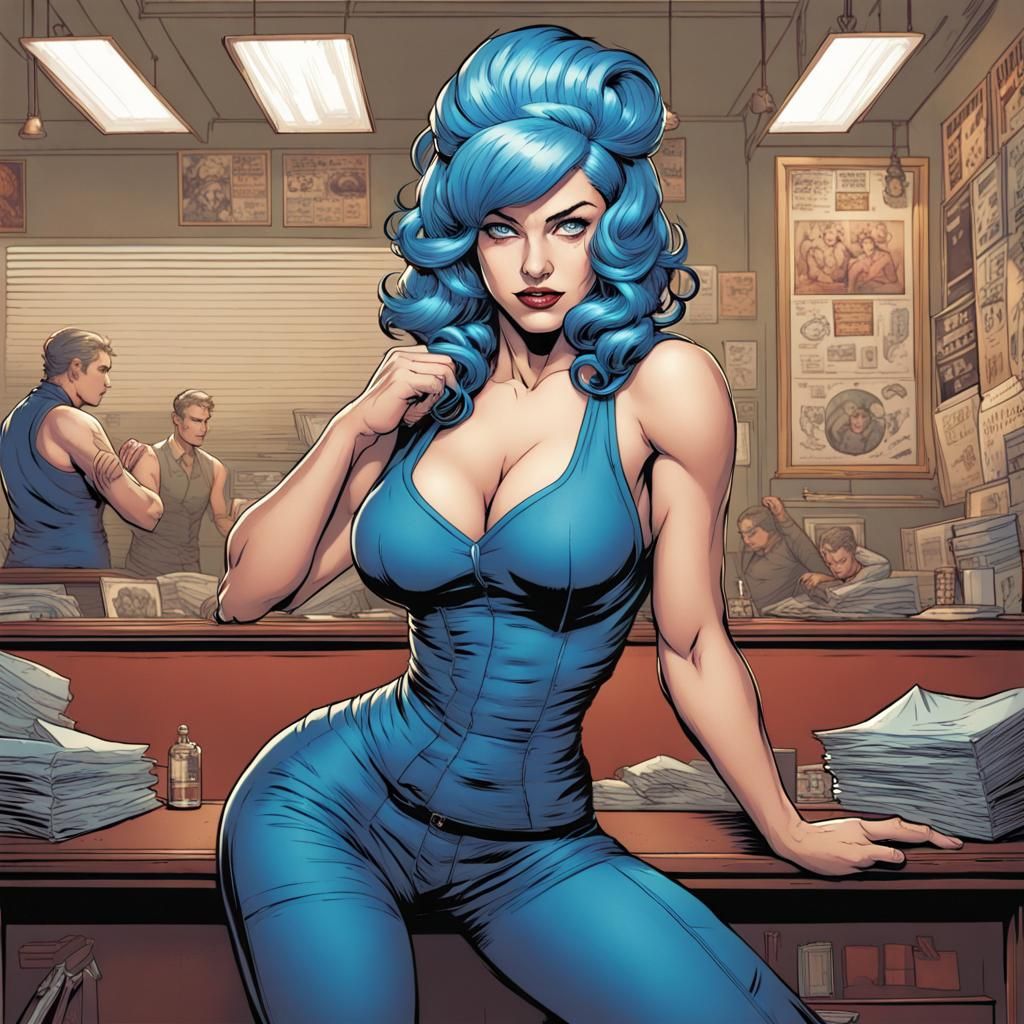 Blue-Haired Woman Posing: Comic Book Art