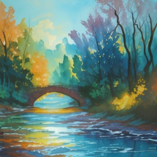 Gouache Painting of a Cat by a River at Golden Hour