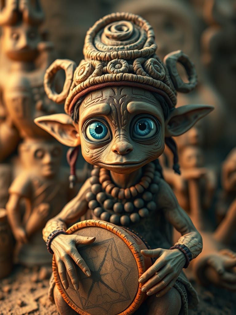 Textured Clay Sculpture of Humanoid Spirit with Drum