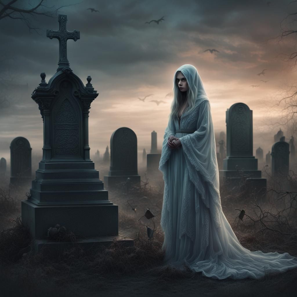 Ethereal Ghost Girl by Grave: Digital Matte Painting