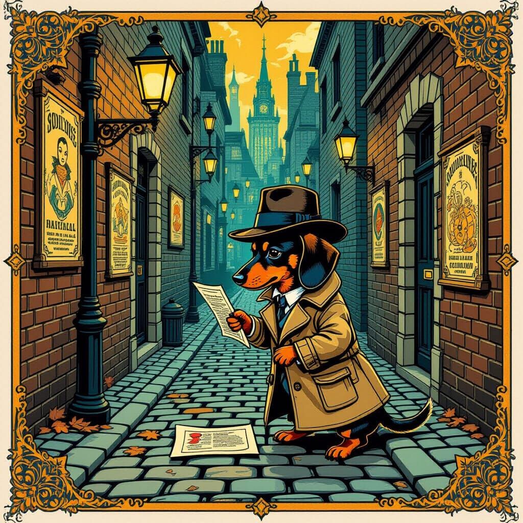 Dachshund Detective in Victorian Alleyway, Art Nouveau Style