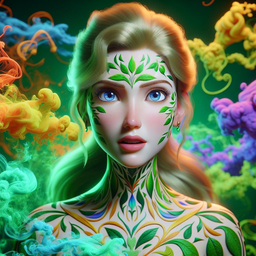 Fair Woman with Leaf Patterns Screaming in Emerald Smoke