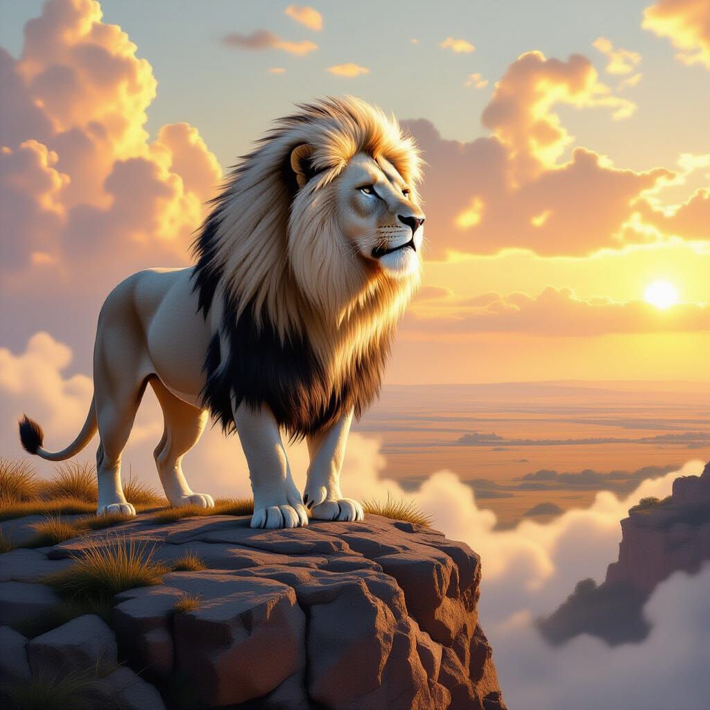 Majestic White Lion Overlooking Savannah in Digital Painting