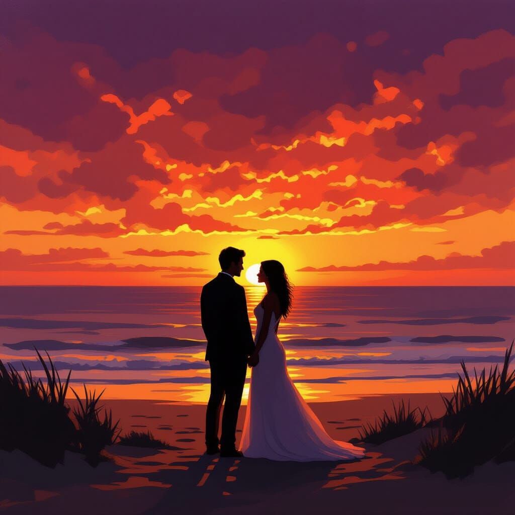 Romantic Sunset Vista with Silhouetted Couple on Beach