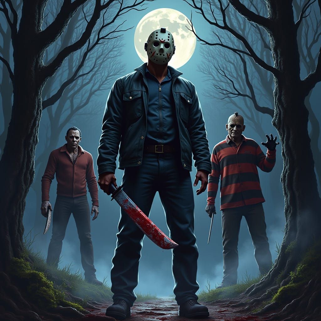 Jason Voorhees and Freddy Krueger in a Dark Forest