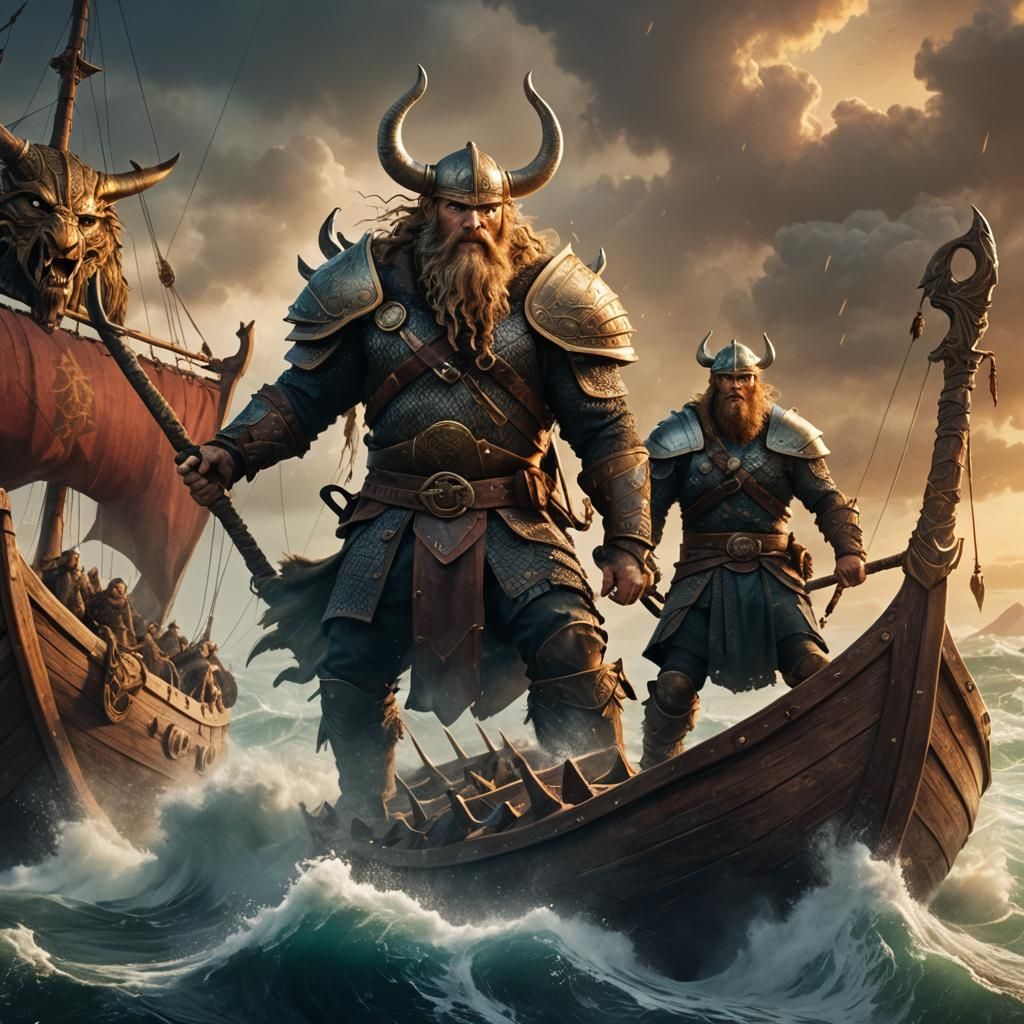 Viking Warrior Sailing on Mythical Ship