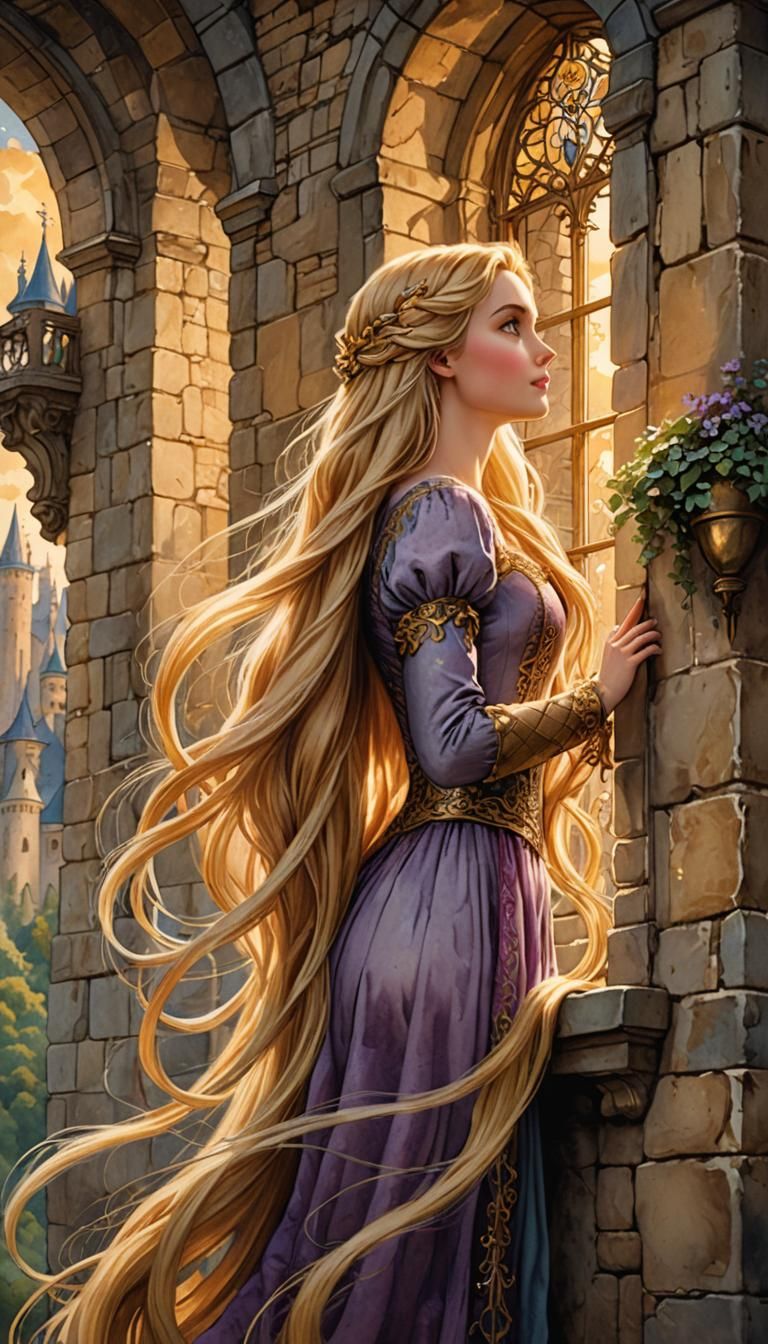 Rapunzel in Tower with Golden Hair, Watercolor Illustration
