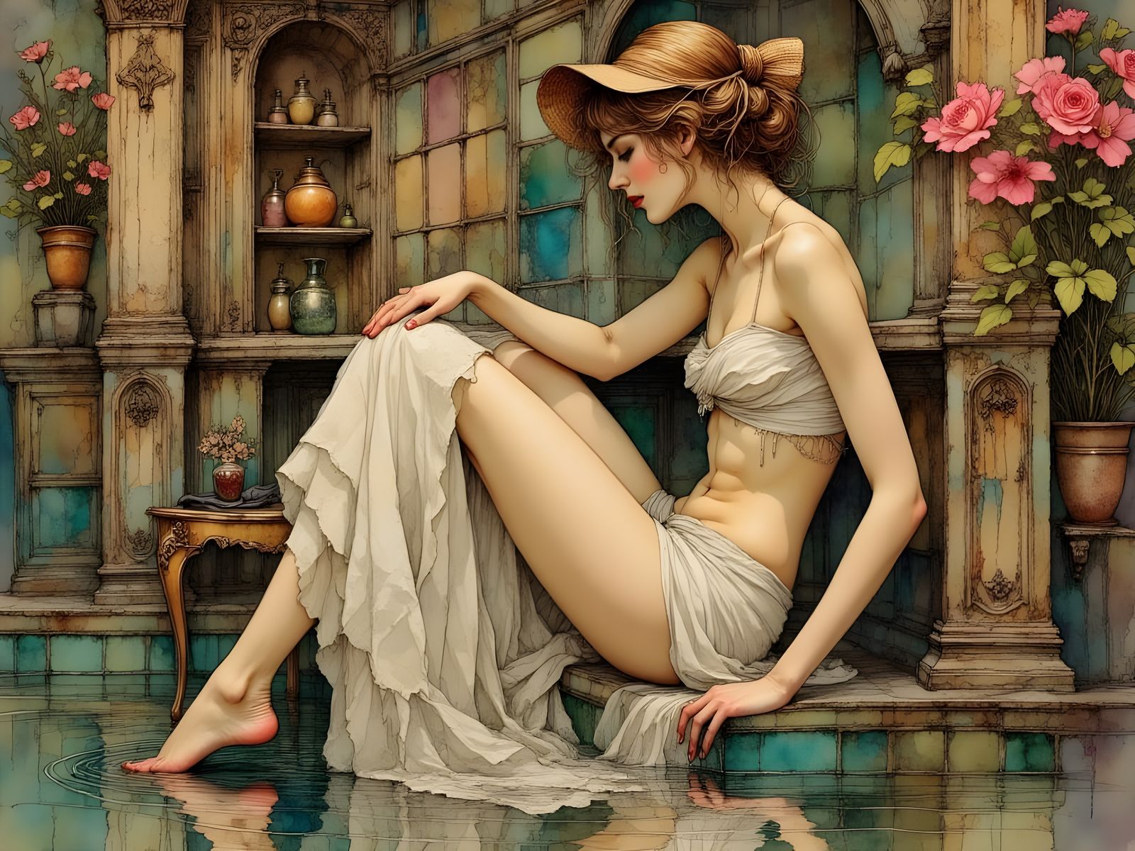 Ethereal Bathhouse Scene in Art Nouveau Style