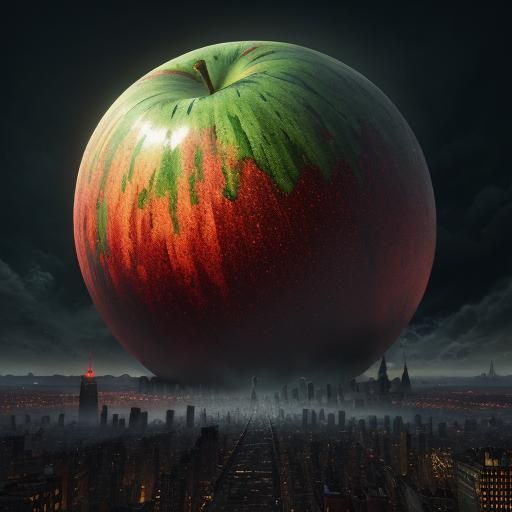 Giant Apple Over New York in Fantasy Concept Art
