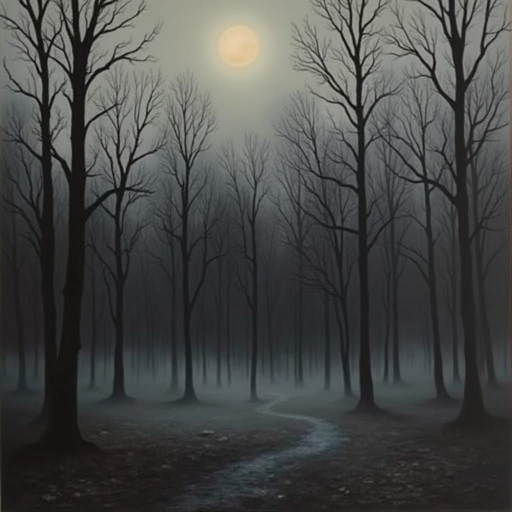 Moody Moonlit Forest Landscape in Expressionist Style