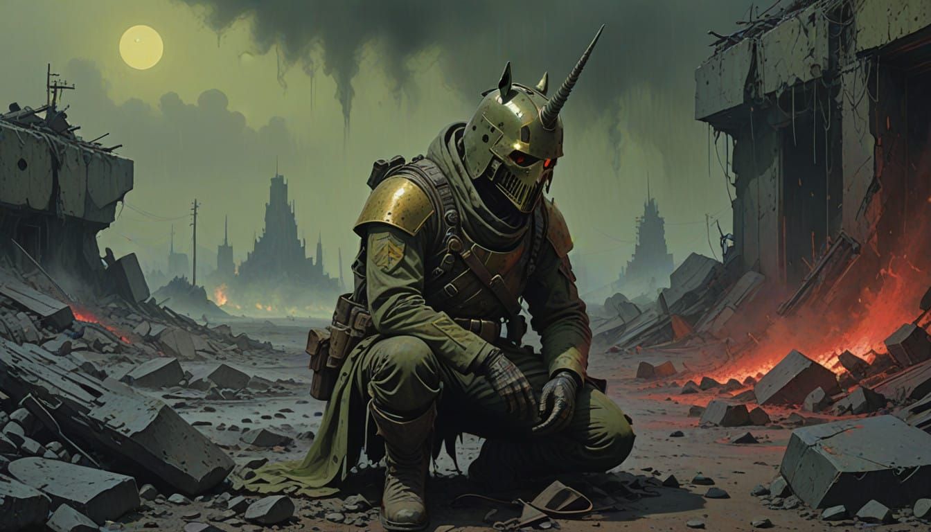 Distressed Warrior with Unicorn Horn in Dark Gothic Surreali...