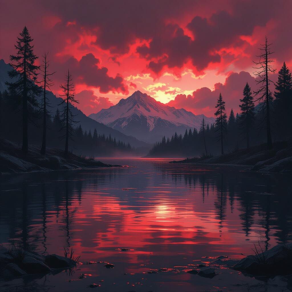 Eerie Mountain Lake Under Acid Rain in Post-Apocalyptic Styl...