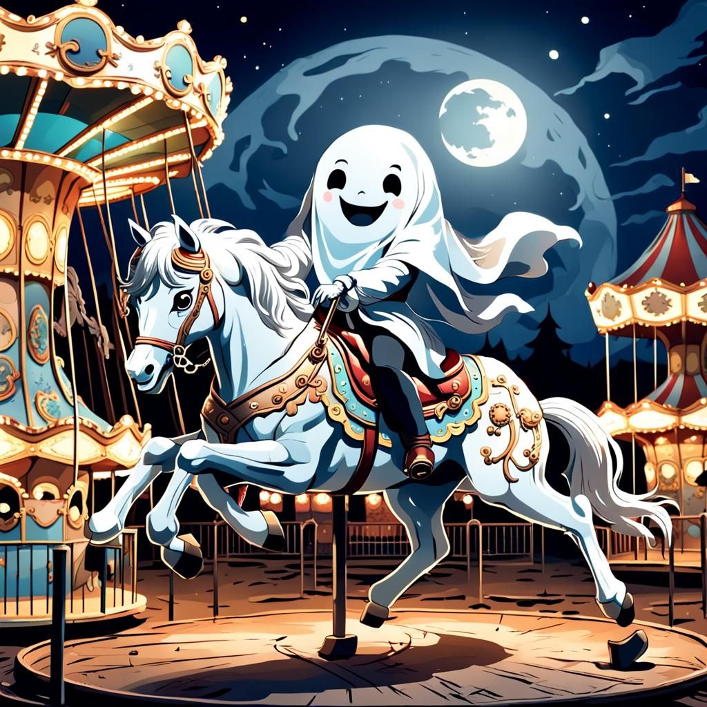 Anime Ghost Rides Carousel at Midnight
