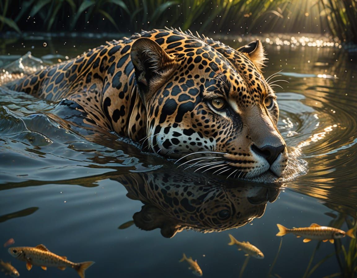 Amazonian Jaguar Pursuing Iridescent Fish in Bioluminescent ...