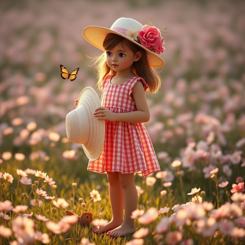 Vintage-Inspired Girl in Whimsical Fantasy Landscape