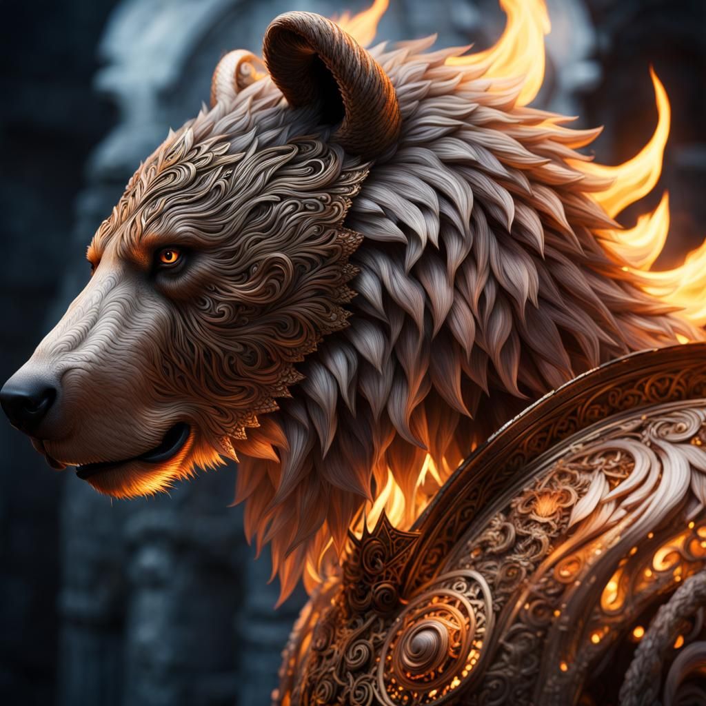 Detailed Fire Bear with Flames in Fantasy Style