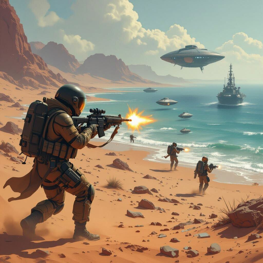 Futuristic Soldier Battling Aliens in Dystopian Landscape