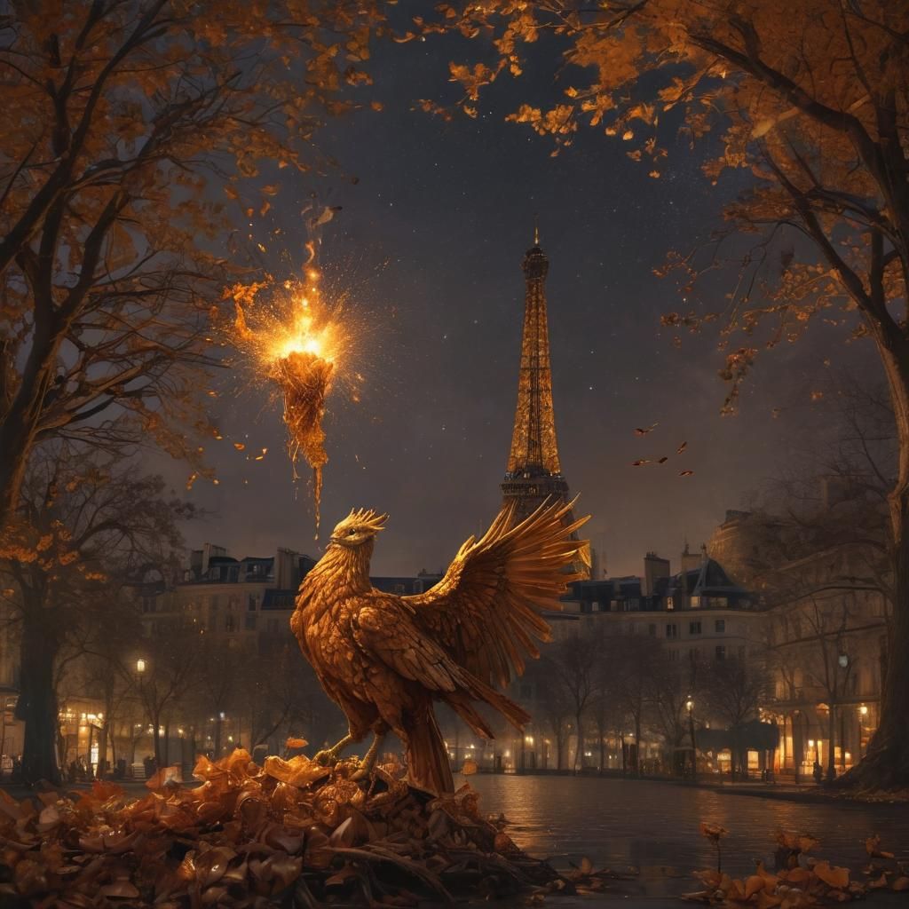 Moonlit Phoenix Rises from Paris Square in Blazing Splendor